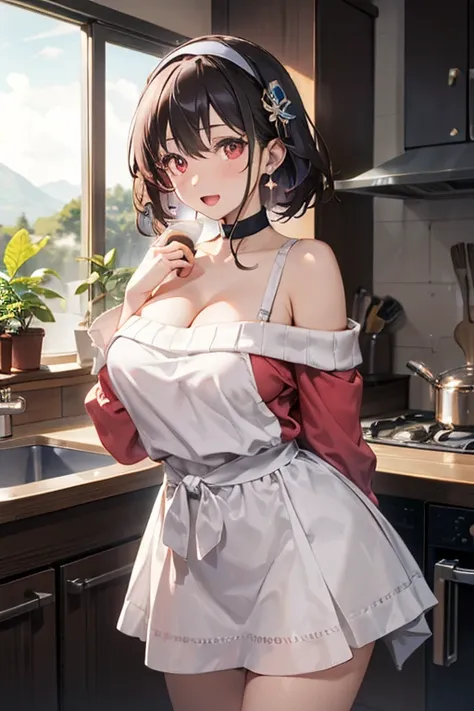 masterpiece, 1girl, Amazing Cleavage:1.3, thin waist, big ass, Raised sexy, medium breast:1.3,posed cleavage:1.2,solo, looking at viewer, open mouth, have a cup of coffee,black hair, red eyes, dress, bare shoulders, jewelry, collarbone, sidelocks, hairband...