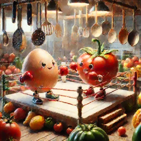 Imagine a whimsical scene where a charming egg and a plump tomato stand in a boxing ring, poised for a friendly bout. The egg, sporting miniature gloves and a determined smile, faces its opponent, the tomato, which wears its own set of gloves, its stem res...