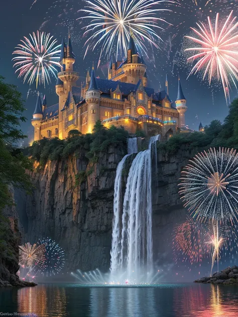 (Neon)，Circuit Board，(moon:1.5)，(Bubbles)，(fireworks:1.5)，Dreams，(Psychedelic)，(Neon light)，(A peaceful and magical dream castle)，In this vibrant，Charming surroundings，center，A dreamy and majestic castle，Central Lake，Surrounded by a variety of aquatic plan...