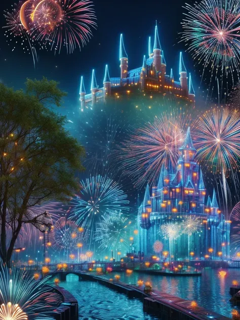 (neon)，circuit board，(moon:1.5)，(bubbles)，(fireworks:1.5)，dreams，(psychedelic)，(neon light)，(a peaceful and magical dream castle...