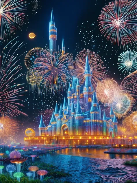 (neon)，circuit board，(moon:1.5)，(bubbles)，(fireworks:1.5)，dreams，(psychedelic)，(neon light)，(a peaceful and magical dream castle...