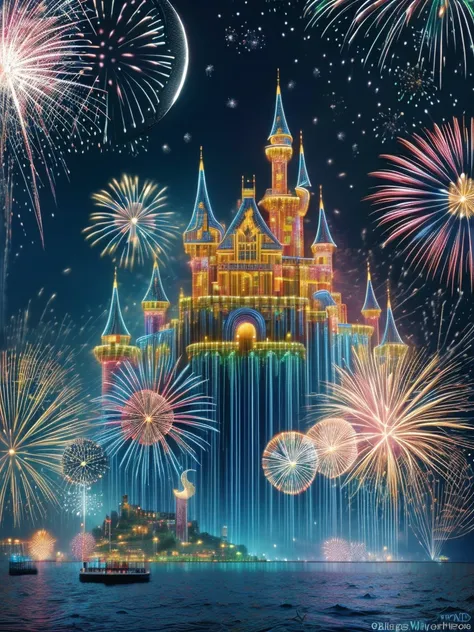 (neon)，circuit board，(moon:1.5)，(bubbles)，(fireworks:1.5)，dreams，(psychedelic)，(neon light)，(a peaceful and magical dream castle...