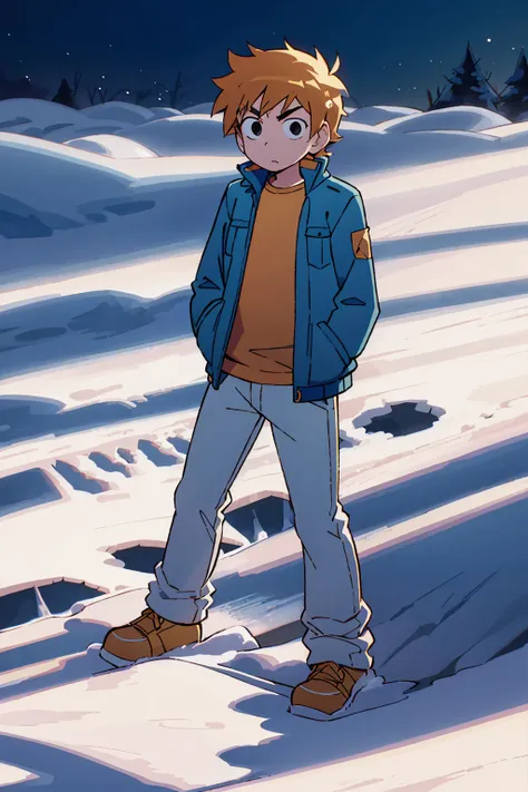 scott pilgrim takes off a boy scott pilgrim orange hair shirt jacket thick eyebrows canada a man standing in the snow looking at...