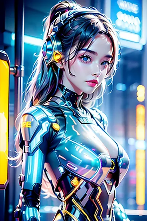 best quality,Masterpiece,very high,only,1 Girl in Bikini Cyber Robot Metal,Neon Reflex,Translucent and shiny metallic pattern,,(Translucent magnetic line:1.2),(Gray silver gold and shimmering light effects.:1.2),