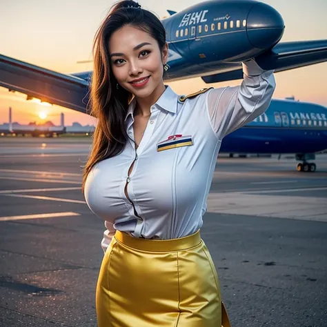 (Thai woman),(highponytail),(forehead),(Flight attendant uniforms:1.5),(short skirt),(enormous breasts:1.6),(slim waist:1.3),(Rolling luggage),(smile:1.5),(sunset),(aircraft runway in the background:1.5), (cowboy shot:1.4),8k, UHD,