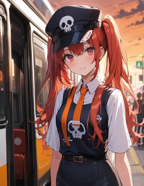 One girl, alone, Redhead, Red eyes, Twin tails, Employee uniforms, Pencil Skirt, Skull print, Navy Cap, Orange sky,, Outdoor, station, Stand in front of the bus,