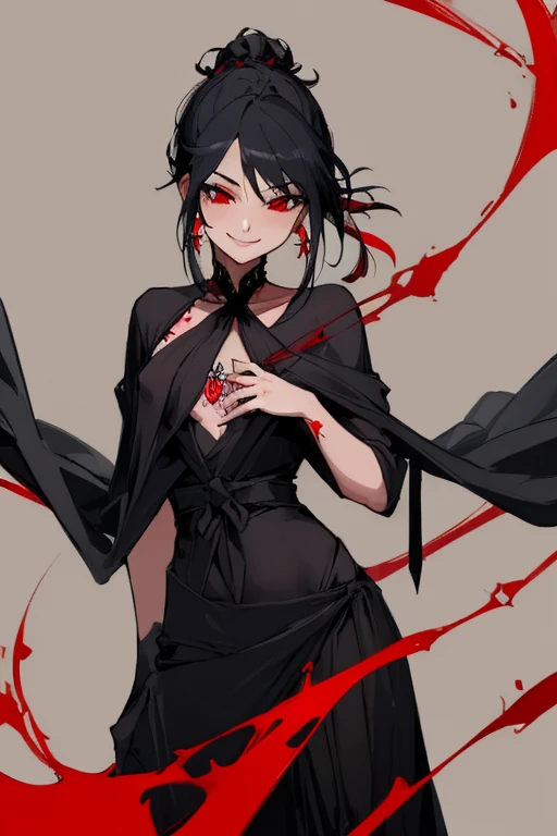 ((highest quality)), ((masterpiece)), (be familiar with),{{{nsfw}}},One female,Black Hair,Red eyes,Black Dress,Chest tattoo, Bewitching Smile,Heel,Black Hair,Hair tied around the neck,Black shawl