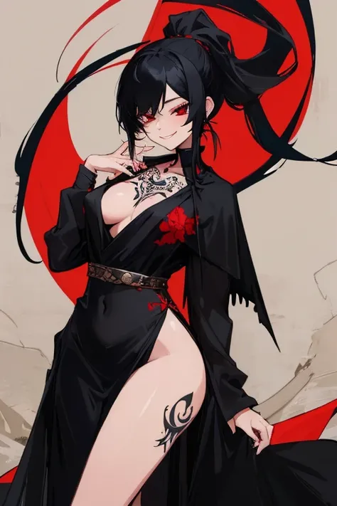 ((highest quality)), ((masterpiece)), (be familiar with),{{{nsfw}}},One female,Black Hair,Red eyes,Black Dress,Chest tattoo, Bewitching Smile,Heel,Black Hair,Hair tied around the neck,Black shawl