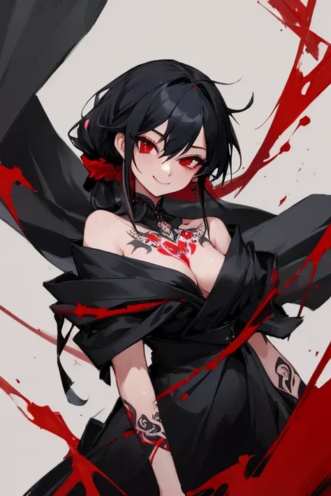 ((highest quality)), ((masterpiece)), (be familiar with),{{{nsfw}}},One female,Black Hair,Red eyes,Black Dress,Chest tattoo, Bewitching Smile,Heel,Black Hair,Hair tied around the neck,Black shawl