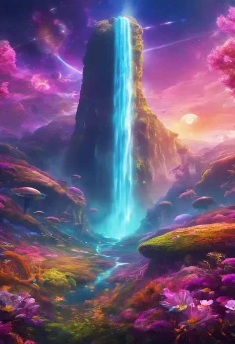 rainbow，waterfall，Flower Field，Golden Glitter，Otherworldly atmosphere，fantastic，The best view．