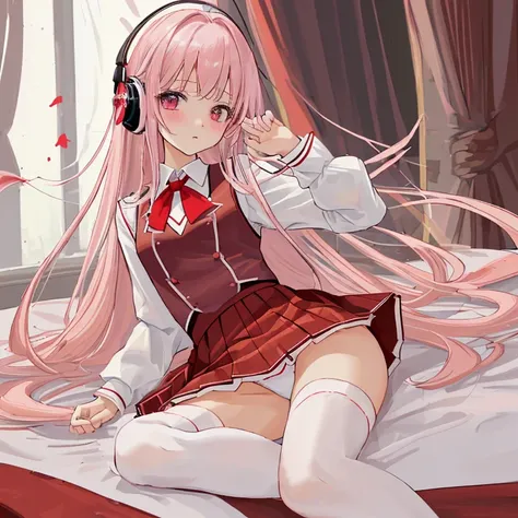 (8k、highest quality、masterpiece:1.2)、Illustration touch、Ultra-detailed、Super A High Resolution、Light pink hair、long hair、Headphones、Woman in uniform、High 、White long sleeve blouse、The top button is fastened、The red ribbon is tied tightly、Red ribbon tie、紺色の...