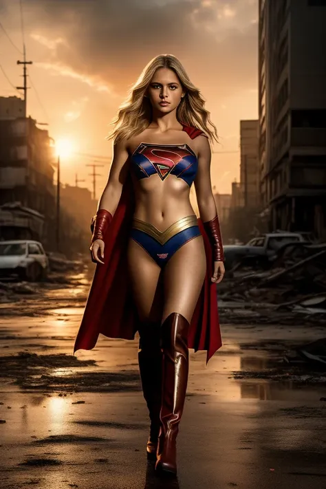 Award-winner photo, magazine shot of a woman body set medium breasts, cute face, sexual posing, ripped unbuttoned Supergirl costume dress, torn clothes, bellybutton, scratches, at the street of a ruined megapolis, post apocalyptic world, distopya, fallout,...