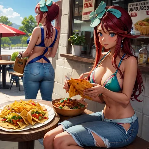 Mexican woman eating tacos, Mexican food stall tortillas and nachos　Bikini and slim jeans　highest quality　Tequila and Corona beer on the table　String Panties　I can see your pants