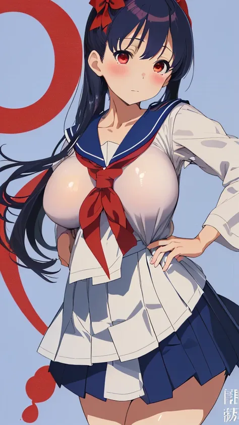 白を基調としたSailor suit、Navy blue pleated skirt、Red ribbon、Sailor suit、Big breasts、Haramura Kazu、One girl、Underwear model