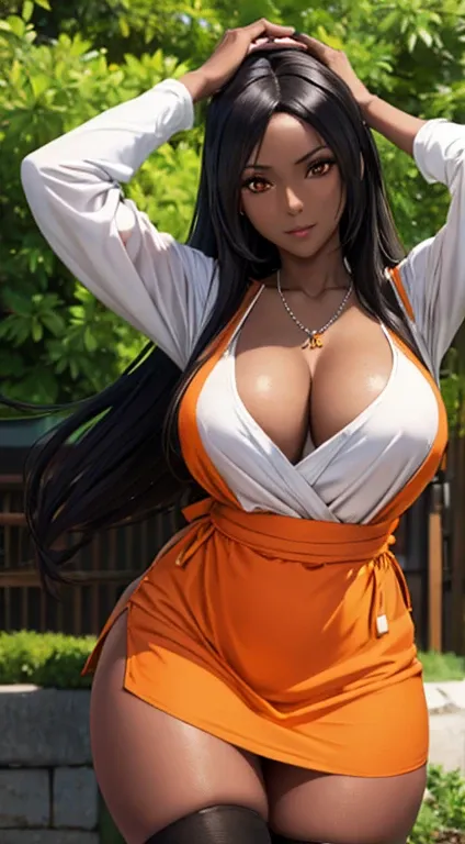 (masterpiece), best quality, expressive eyes, perfect face, black ebony skin, arms up, half naked, large open neckline, white apron, orange color full sleeve clothes  perfect shaped body, beautiful feets, standing, long hair, black hair, orange eyes, large...