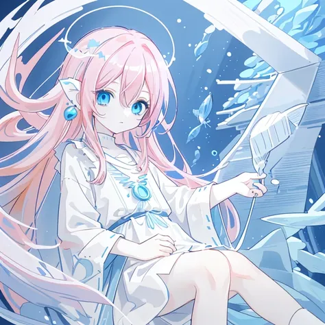 He has blue eyes, long pink hair with blue tips, white skin, and is surrounded by small fish and sponges. Wearing blue ancient Greek clothing It has creepy fish ears.