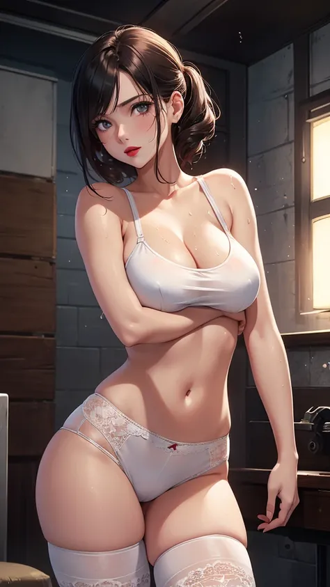 beautiful girl, 18 years old, medium breasts,wet, camel toe, red lips ,
White underwear, sexy pose,
Resident evil, Jill Valentine,