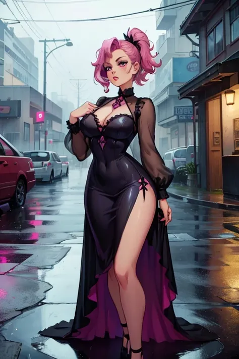 A pink haired woman with violet eyes with an hourglass figure in a Gothic rockabilly dress is standing in the rain