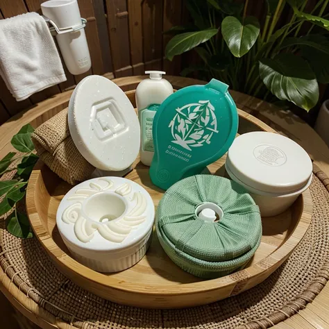 Image description: A graphic representation showcasing various biodegradable personal hygiene products such as bamboo toothbrushes, shampoo bars, reusable cotton pads, and menstrual cups. Each product is surrounded by greenery and symbols representing sust...