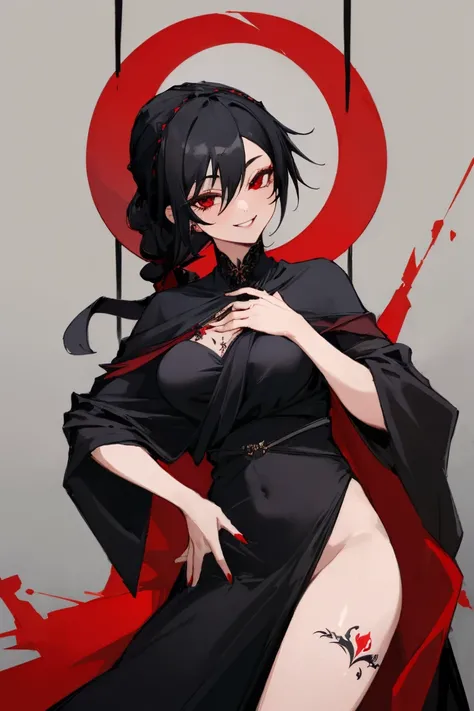 ((highest quality)), ((masterpiece)), (be familiar with),{{{nsfw}}},One female,Black Hair,Red eyes,Black Dress,Chest tattoo, Bewitching Smile,Heel,Black Hair,Hair tied around the neck,Black shawl