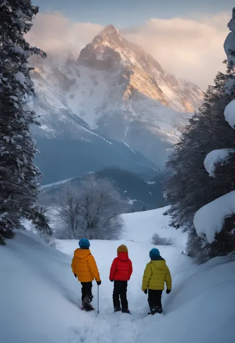 2 boys ,1 fille , adolescents, montagne neige