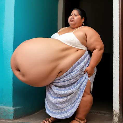 Extremely Hyperpregnant Guatemalan woman with huge belly wearing a dress