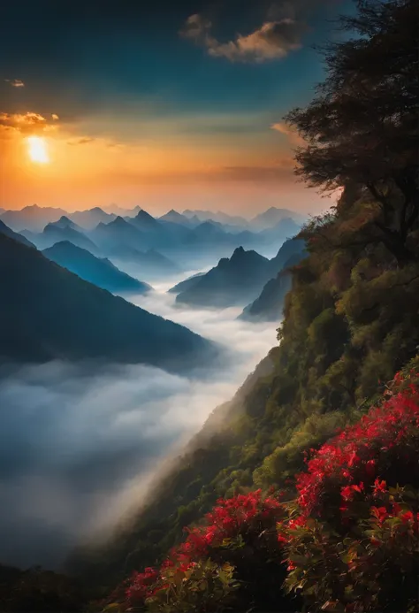 Sun rays，Sea of Clouds Mountains，Drink，splendor,landscape,China is big,fairy tale,Lighting Effects,Dreamy and magical