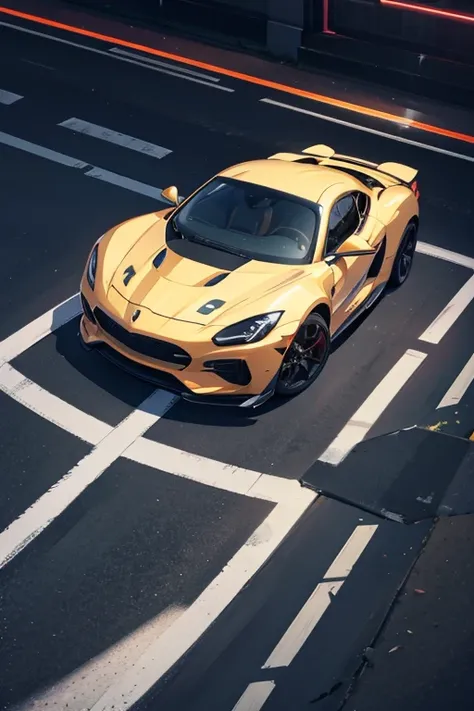 A top angel drone view of "Driving a sports car in the streets of LA in the night. The surrounding is vibrant with lights."