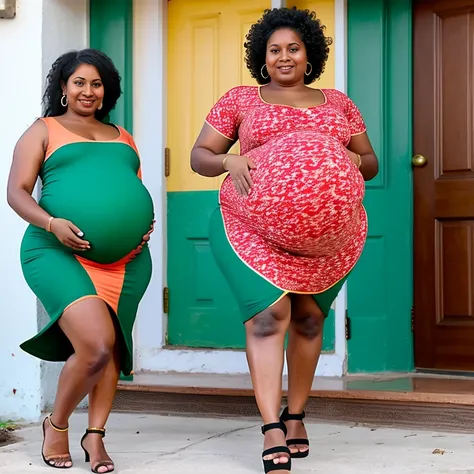 Extremely Hyperpregnant Guyanese woman with huge belly wearing a dress