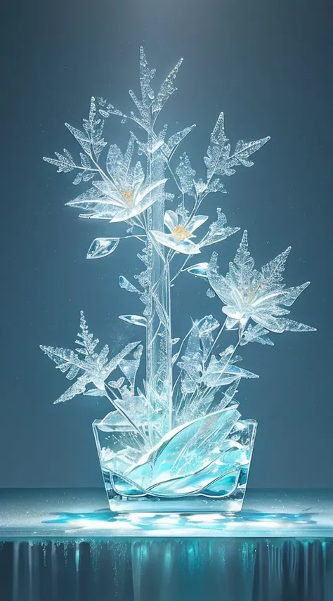 Ice sculpture in flower shape, in the water, bright background, studio lighting,romantic style, glass-like sculptures, frozen movement，high details,expensive style,pop style, high details white and silver tone
