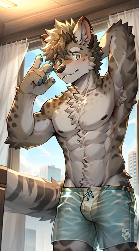 Hyena Boy，Topless, mammal, hairy，upscale hotel，Transparent swimming trunks quality