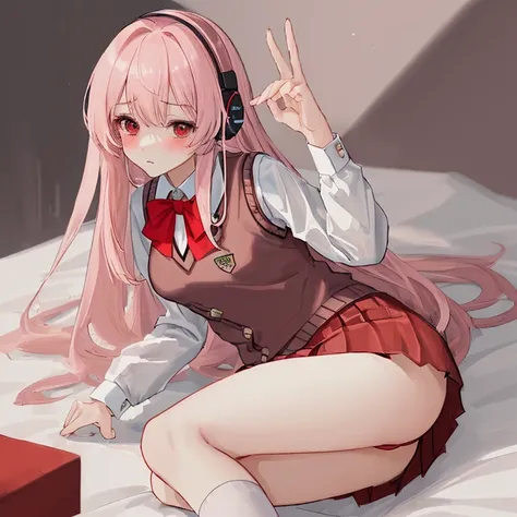 (8k、highest quality、masterpiece:1.2)、Illustration touch、Ultra-detailed、Super A High Resolution、Light pink hair、long hair、Headphones、Woman in uniform、High 、白色の長袖ブラウスと紺色のSweater vest、The top button is fastened、The red ribbon is tied tightly、Red ribbon tie、紺色...