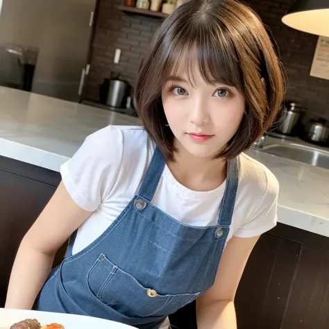 A beautiful woman with a bob haircut and a round face.、She seems to have a devilish, sadistic side.、Wearing an apron、Sitting in a chair。Your hands are beautiful。Hands on knees。A little angry、I&#39;m giving a sermon。