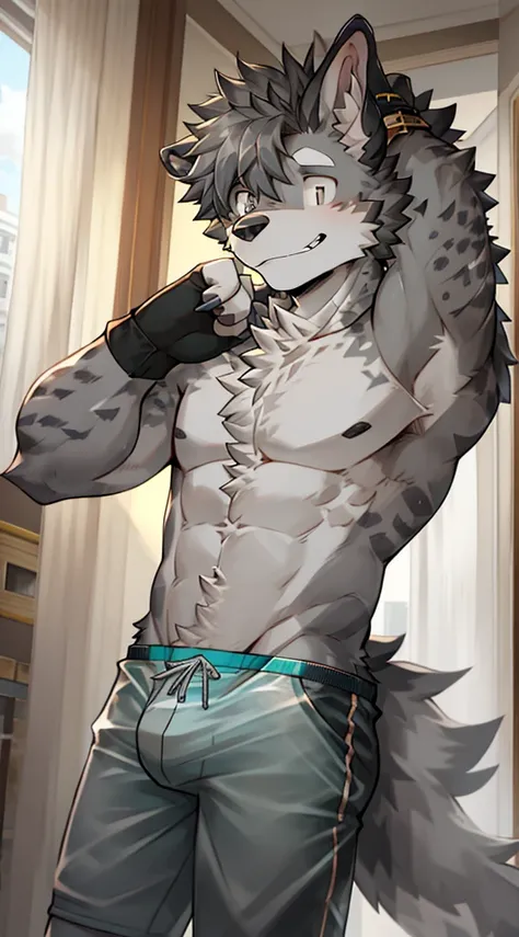 Hyena Boy，Gray fur，Topless, mammal, hairy，Gray Eyes，upscale hotel，Transparent swimming trunks quality，black fingerless gloves