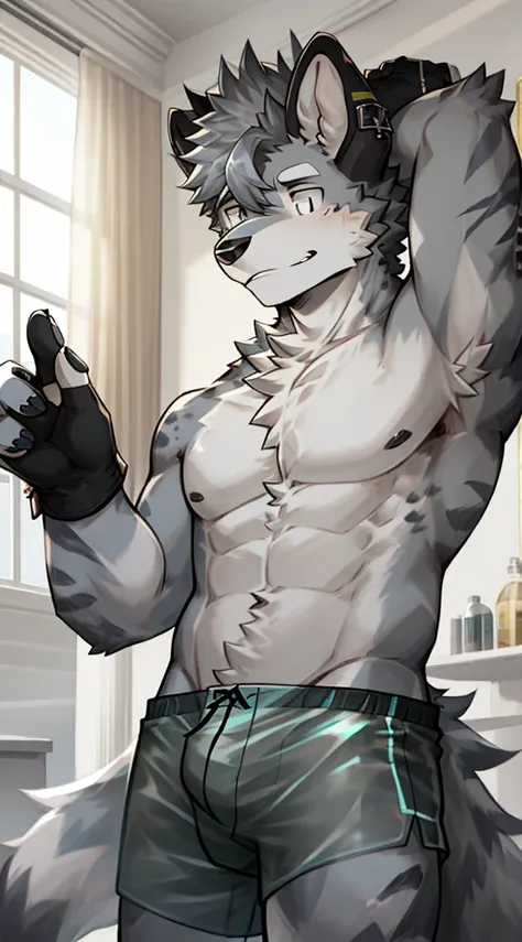 Hyena Boy，Gray fur，Topless, mammal, hairy，Gray Eyes，upscale hotel，Transparent swimming trunks quality，black fingerless gloves