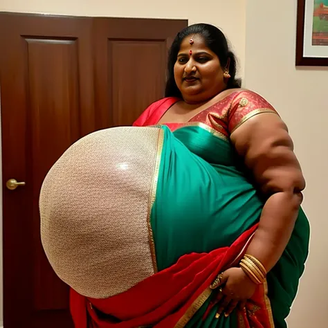 Extremely Hyperpregnant Indian woman with huge belly wearing a dress