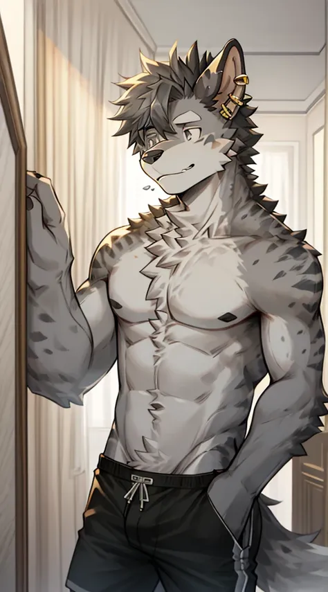 Hyena Boy，Gray fur，Topless, mammal, hairy，Gray Eyes，upscale hotel，Black swimming trunks quality，earrings