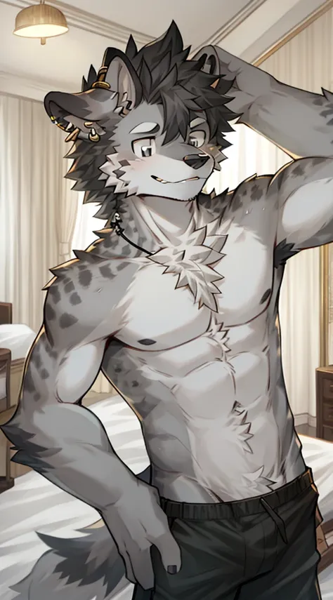 Hyena Boy，Gray fur，Topless, mammal, hairy，Gray Eyes，upscale hotel，Black swimming trunks quality，earrings