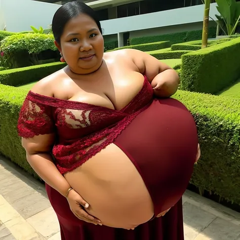 Extremely Hyperpregnant Indonesian woman with huge belly wearing a dress