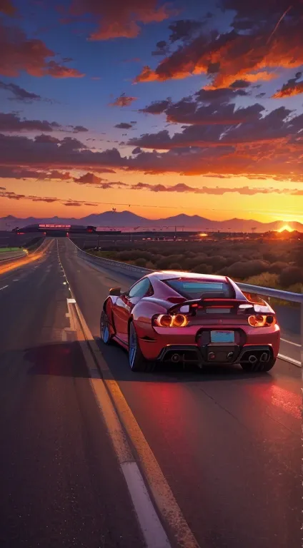 arafed red sports car driving down a highway at sunset, automotive photography, highway and sunset!!, environmental shot, by Wayne England, sunset lighting 8k, going forward to the sunset, sports car, vehicle photography, wallpaper mobile, art deco outrun ...