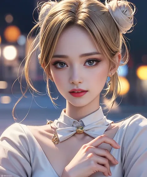 masterpiece, best quality, 8k, Pretty Face, high Delicate skin,Super detailed,Ultra-high resolution, Reality, high resolution, ,lens flare, (Top knot bun:1.5),(Same makeup for both eyes:1.5),Perfect face,Realistic eyes, Detailed lighting, Delicate eyes,Del...