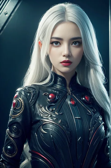 Portrait of a beautiful girl with wavy white hair, Wear a formal black dress with metallic parts, Red Eyes, Letter combination on background, number, Dark, 8k, Intricate details, High quality, 复古future风格, Sharp focus on the center, Soft colors, Art Station...