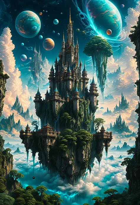 Dream Castle, aesthetic, Masterpiece, a painting of a futuristic Dream Castle in the sky with planets, in fantasy sci - fi Dream Castle, floating Dream Castle in the sky, stylized urban fantasy artwork, floating Dream City on clouds, fantasy cityscape, epi...