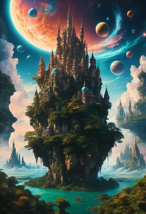 Dream Castle, aesthetic, Masterpiece, a painting of a futuristic Dream Castle in the sky with planets, in fantasy sci - fi Dream Castle, floating Dream Castle in the sky, stylized urban fantasy artwork, floating Dream City on clouds, fantasy cityscape, epi...