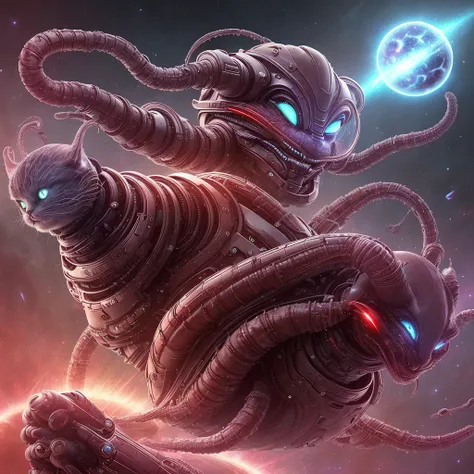 (((Awesome))) (((detailed))) a cool dangerous galaxy alien cat, cat body, galactic cat, sci-fi robotic cat, red sharp eyes, evil smirk, cool, furry, robotic arms around his body like octopus tentacles, tentacles with alien guns, mysthic, mystical, glorious...