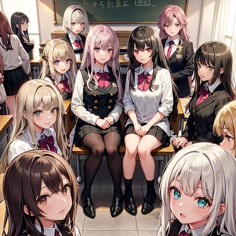 （seven girls and one boy），（7 girls in a row）,（brunette color hair, black-eyed loli，blonde ，white haired red eyed ，purple hair an...