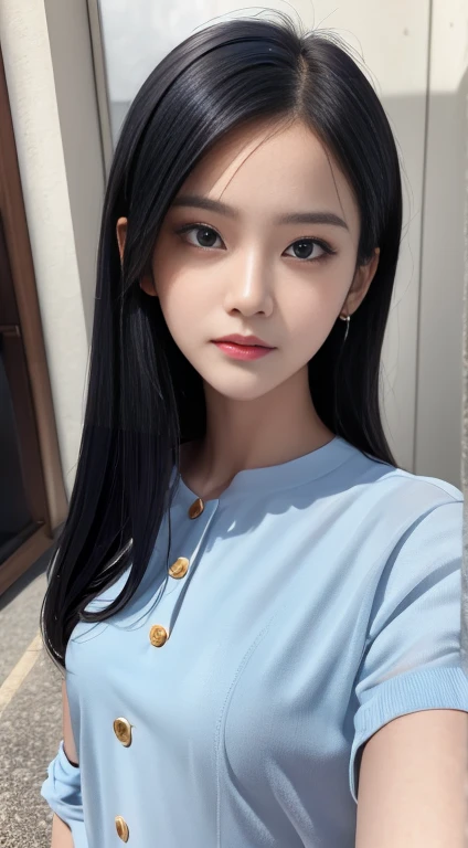 Delicate and elegant features，Delicate and delicate eyes，Perfect Facial Proportions，HD skins，Detailed skin，With just one thumb，masterpiece，Very detailed，real，Max Face Resolution，26 years old，Fully clothed，（Small body，Dark blue hair，Long hair and thin bangs...