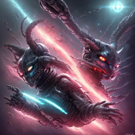 (((Awesome))) (((detailed))) a cool dangerous galaxy cat, cat body, galactic cat, sci-fi robotic cat, red sharp eyes, evil smirk, cool, furry, robotic tentacles in his back, robotic tentacles with alien guns, mysthic, mystical, glorious, dangerous, red bla...