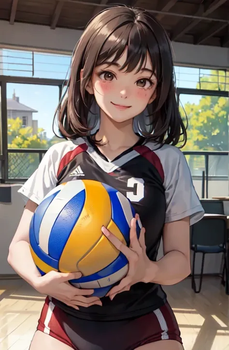 Only one female, /(Volleyball Uniforms/), /(Dark brown hair/) bangs, Blushing Smile, (Masterpiece of the highest quality:1.2) Delicate illustrations, super detailed, Big Break /(Indoor volleyball court/)