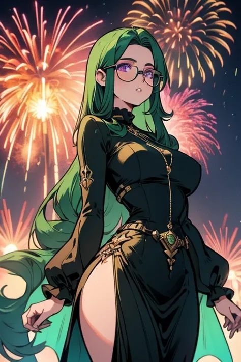 A green  haired woman with violet eyes and an hourglass figure and glasses in a cool dress is watching fireworks